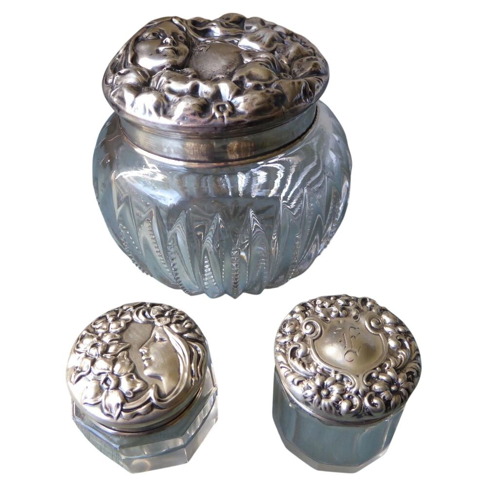 Antique Art Nouveau Sterling Silver Dresser Jars Set of 3 Inc. Foster & Bro READ